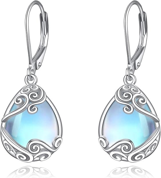 Moonstone Filigree Drop Dangle Teardrop Earrings 925 Sterling Silver Moonstone Leverback Earrings for Women Jewelry Gifts