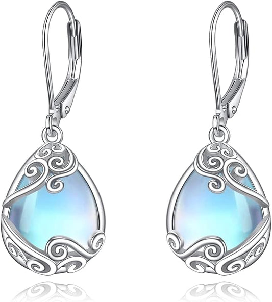 Moonstone Filigree Drop Dangle Teardrop Earrings 925 Sterling Silver Moonstone Leverback Earrings for Women Jewelry Gifts