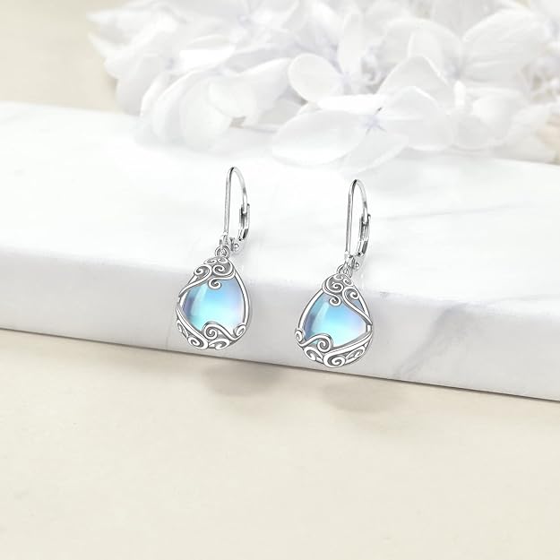 Moonstone Filigree Drop Dangle Teardrop Earrings 925 Sterling Silver Moonstone Leverback Earrings for Women Jewelry Gifts