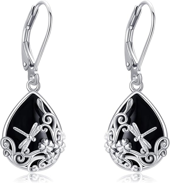 Black Onyx Earrings 925 Sterling Silver Black Onyx Dangle Drop Earrings Filigree Jewelry Gift for Women Girls
